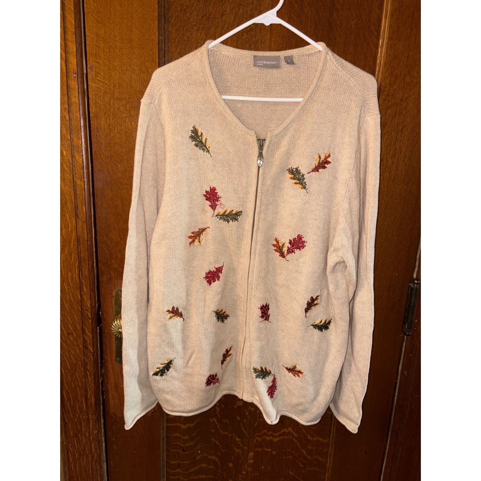 Women's Beige Leaf Embroidered Zip Cardigan Sweater Plus 1x Fall